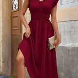 Vestido Midi Com Franzido E Babados Decote V Casual