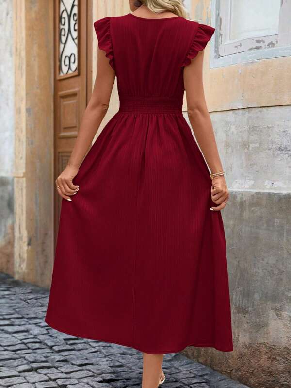 Vestido Midi Com Franzido E Babados Decote V Casual