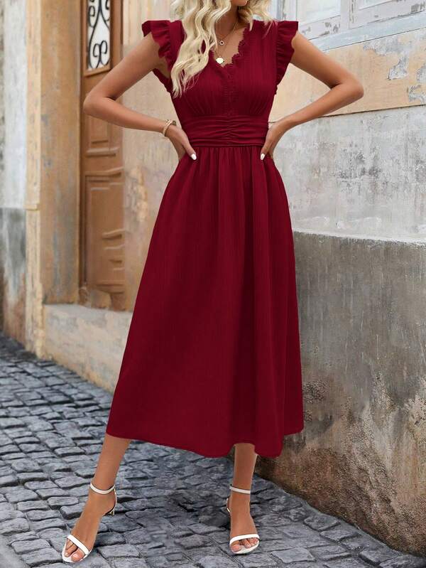 Vestido Midi Com Franzido E Babados Decote V Casual