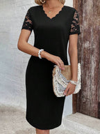 Vestido Midi Decote Ondulado Manga Renda Estilo Elegante