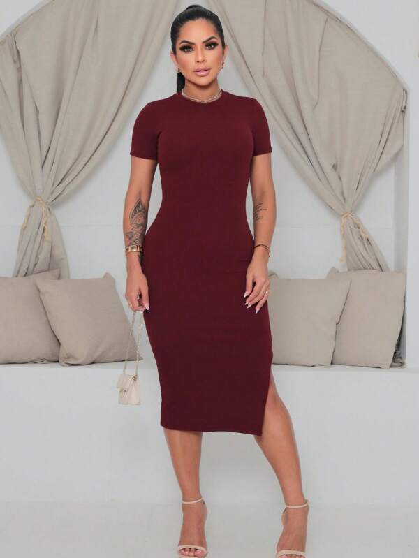Vestido Midi Ajustado Com Fenda Lateral Minimalista Casual