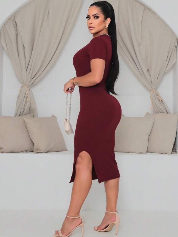 Vestido Midi Ajustado Com Fenda Lateral Minimalista Casual