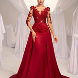 Vestido Longo Com Renda Bordada E Saia Sobreposta