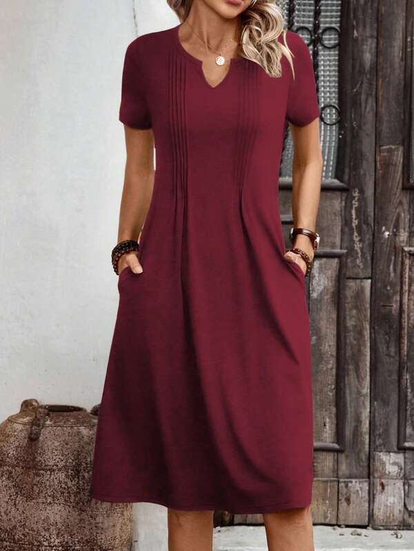 Vestido Midi Decote V Manga Curta Estilo Casual Minimalista