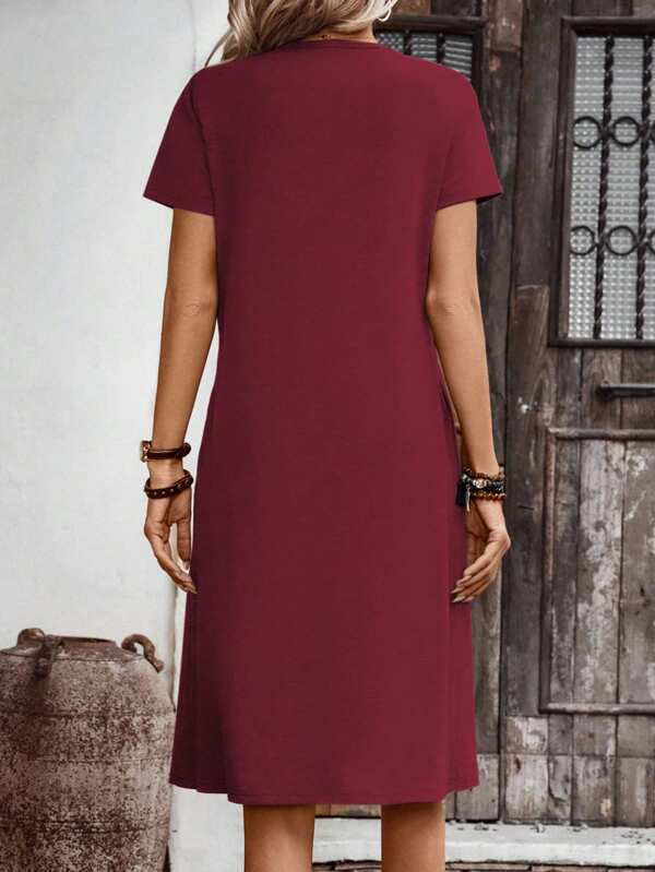 Vestido Midi Decote V Manga Curta Estilo Casual Minimalista