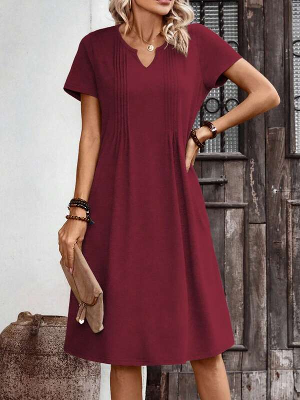 Vestido Midi Decote V Manga Curta Estilo Casual Minimalista