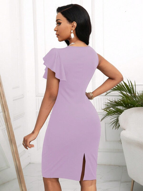 Vestido Midi Ajustado Com Babado Assimétrico