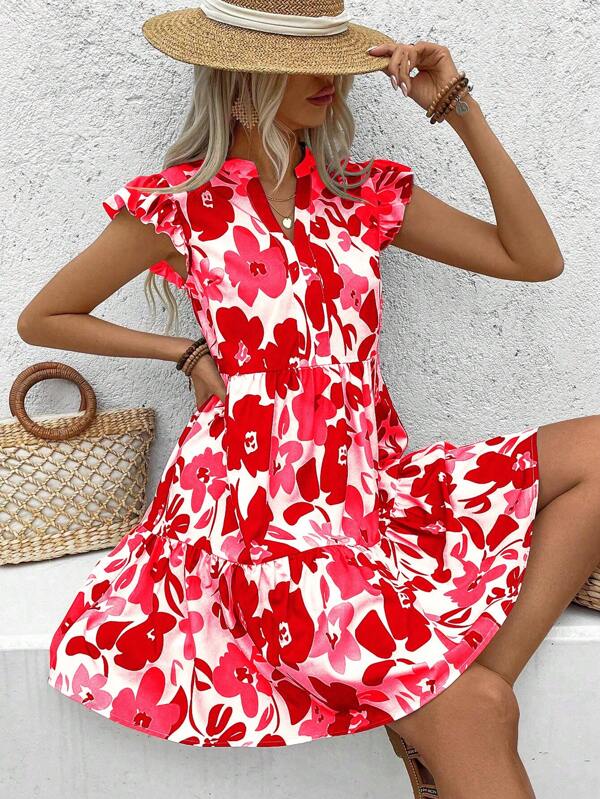 Vestido Curto Chemise Com Babados E Estampa Floral