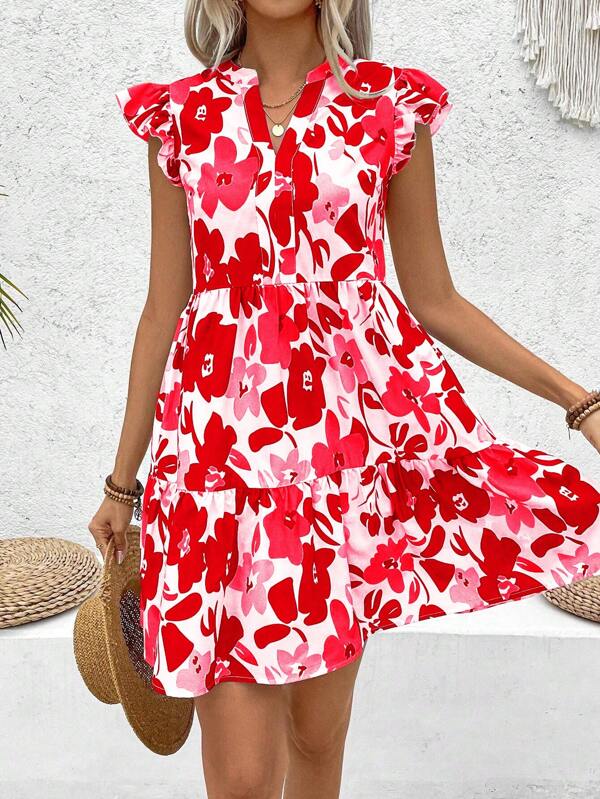 Vestido Curto Chemise Com Babados E Estampa Floral