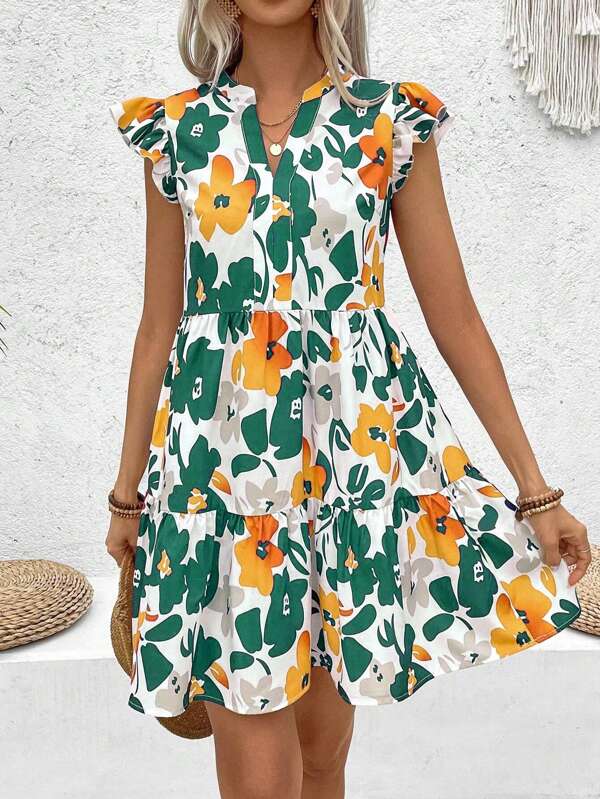Vestido Curto Chemise Com Babados E Estampa Floral