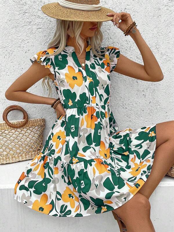 Vestido Curto Chemise Com Babados E Estampa Floral