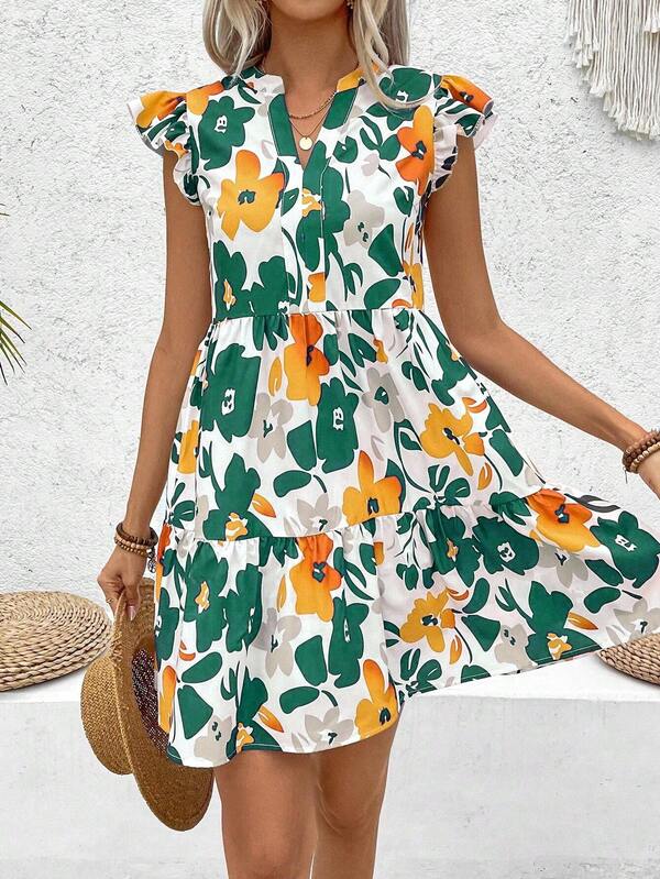 Vestido Curto Chemise Com Babados E Estampa Floral