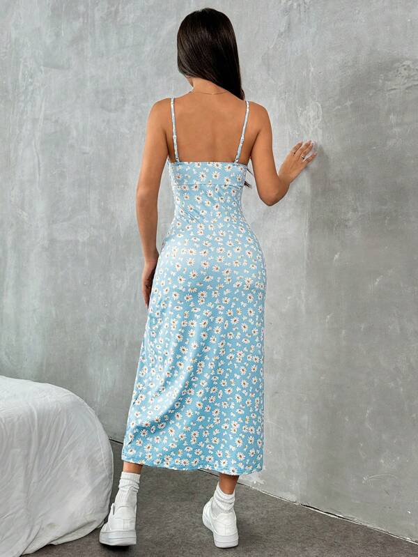 Vestido Midi Alças Finas Com Fenda Estampa Floral Romântica