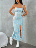 Vestido Midi Alças Finas Com Fenda Estampa Floral Romântica