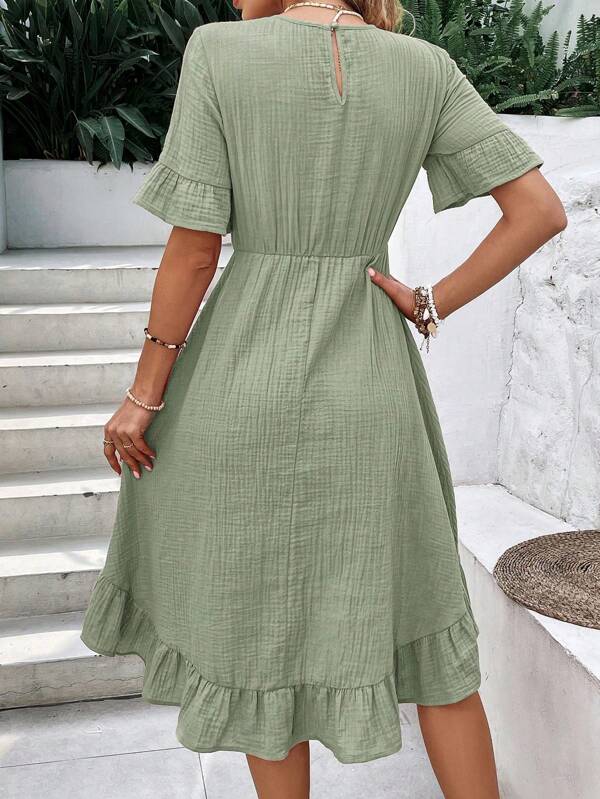 Vestido Midi Evasê Com Babados Estilo Romântico Casual