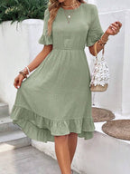 Vestido Midi Evasê Com Babados Estilo Romântico Casual