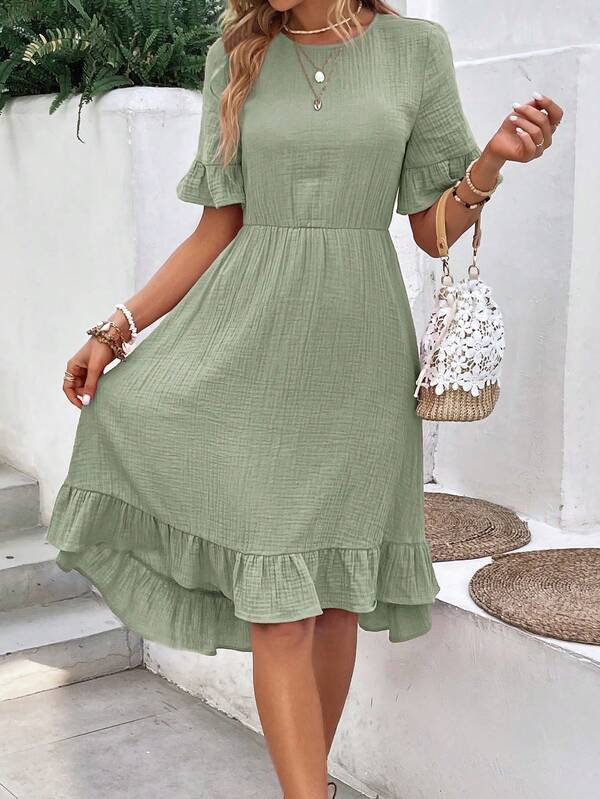 Vestido Midi Evasê Com Babados Estilo Romântico Casual