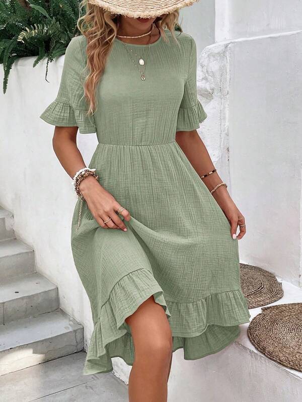 Vestido Midi Evasê Com Babados Estilo Romântico Casual