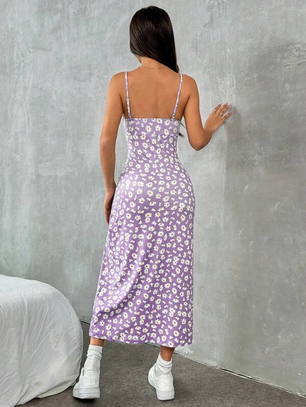 Vestido Midi Alças Finas Com Fenda Estampa Floral Romântica