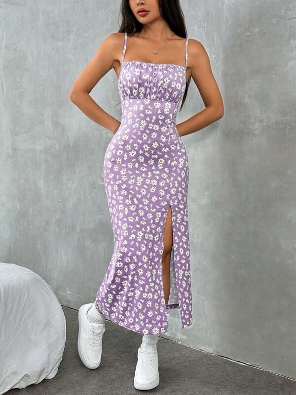 Vestido Midi Alças Finas Com Fenda Estampa Floral Romântica
