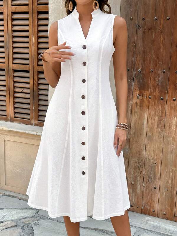 Vestido Midi Acinturado Sem Mangas Com Botões Frontais