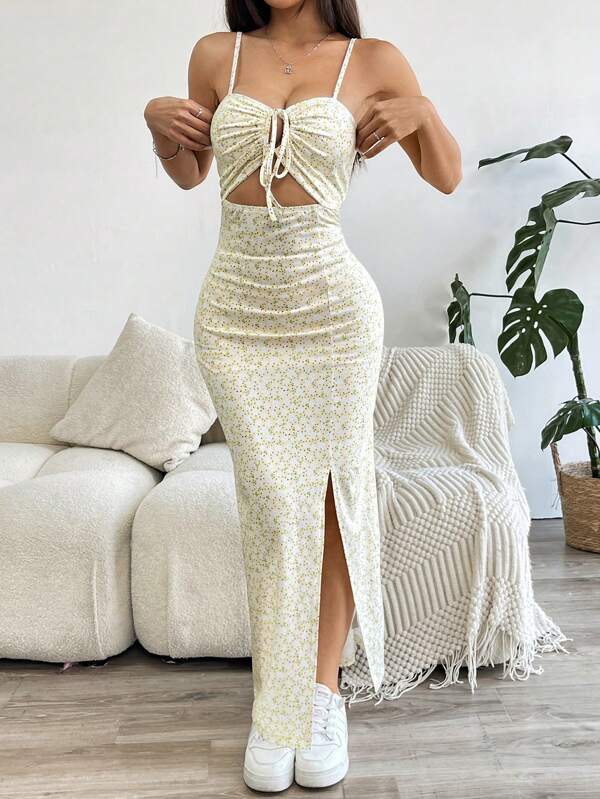 Vestido Longo Com Recorte E Amarração Estampa Floral