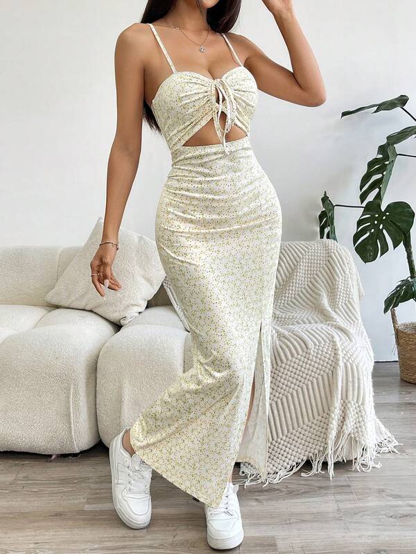 Vestido Longo Com Recorte E Amarração Estampa Floral