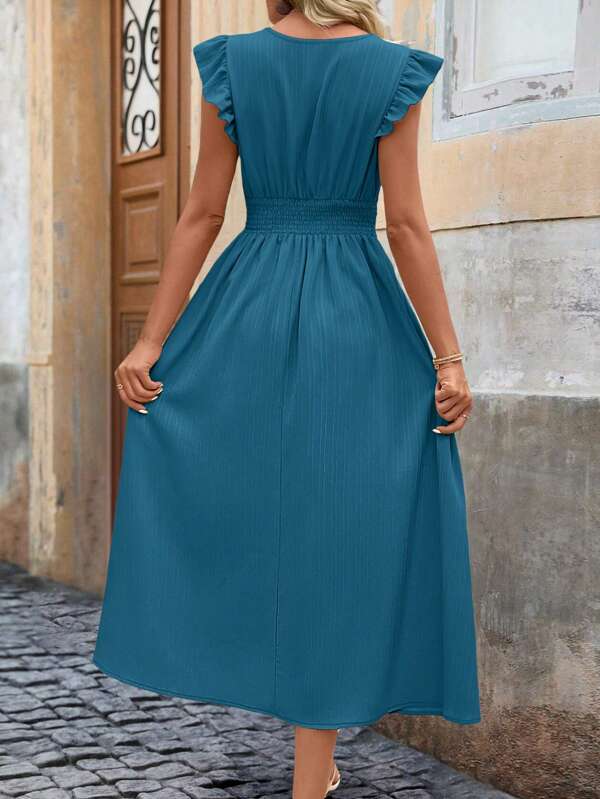 Vestido Midi Com Franzido E Babados Decote V Casual