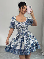 Vestido Curto Lastex Com Manga Bufante Floral