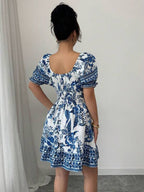 Vestido Curto Lastex Com Manga Bufante Floral
