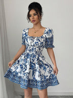 Vestido Curto Lastex Com Manga Bufante Floral