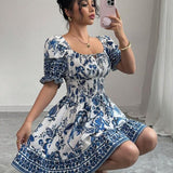 Vestido Curto Lastex Com Manga Bufante Floral