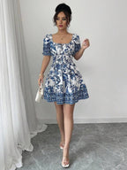 Vestido Curto Lastex Com Manga Bufante Floral