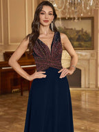 Vestido Longo Com Corpete Bordado E Saia Evasê
