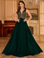Vestido Longo Com Corpete Bordado E Saia Evasê