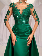 Vestido Longo Com Renda Bordada E Saia Sobreposta