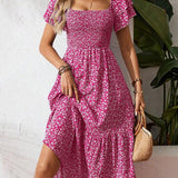 Vestido Midi Com Lastex E Estampa Floral Romântica