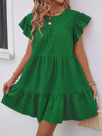 Vestido Curto Com Babados E Manga Godê Minimalista Casual