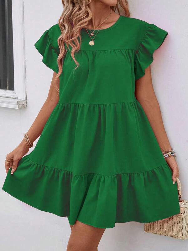 Vestido Curto Com Babados E Manga Godê Minimalista Casual