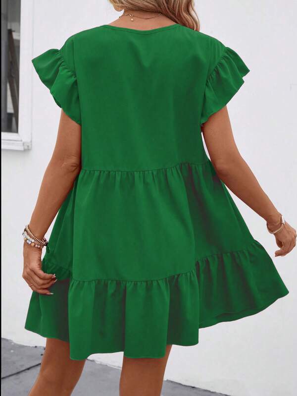 Vestido Curto Com Babados E Manga Godê Minimalista Casual