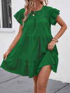 Vestido Curto Com Babados E Manga Godê Minimalista Casual