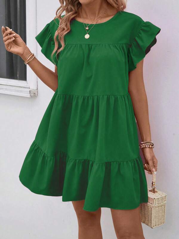 Vestido Curto Com Babados E Manga Godê Minimalista Casual