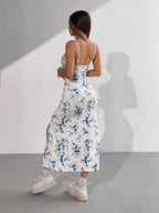 Vestido Midi Alças Finas Com Fenda Estampa Floral Romântica