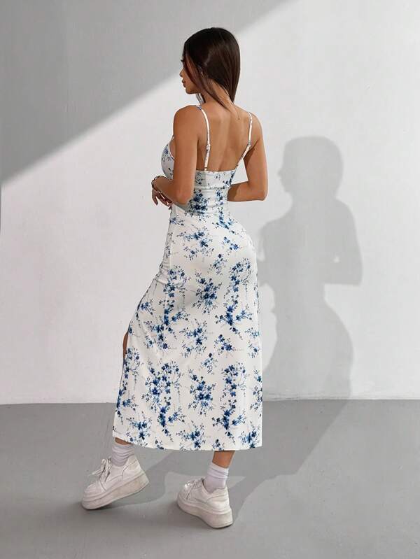 Vestido Midi Alças Finas Com Fenda Estampa Floral Romântica