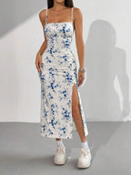 Vestido Midi Alças Finas Com Fenda Estampa Floral Romântica