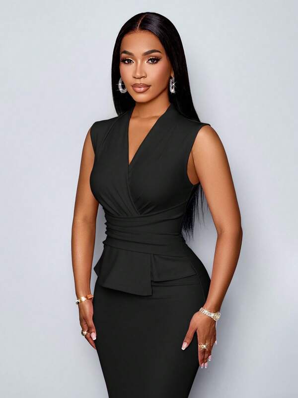 Vestido Midi Transpassado Com Peplum Estruturado