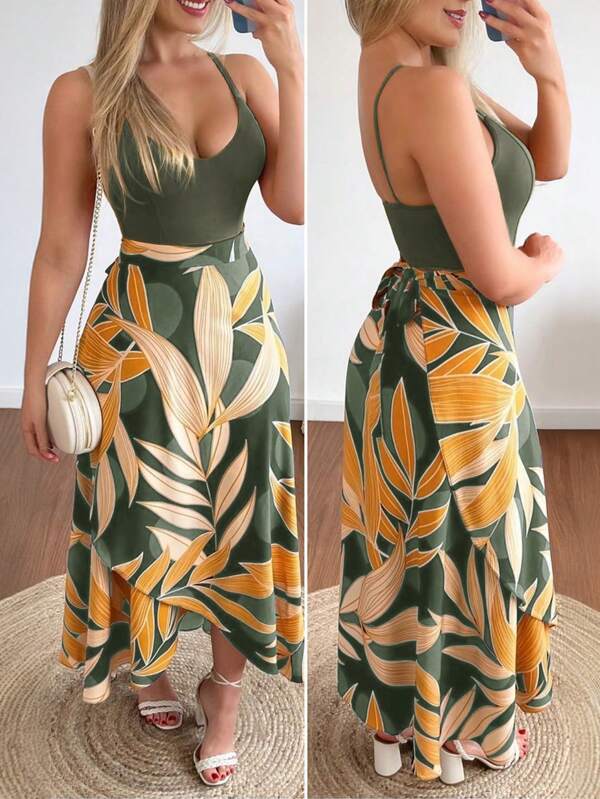 Vestido Longo Com Alças Finas E Estampa Tropical Resort