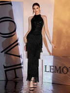 Vestido Longo Gola Halter Com Franjas E Paetês