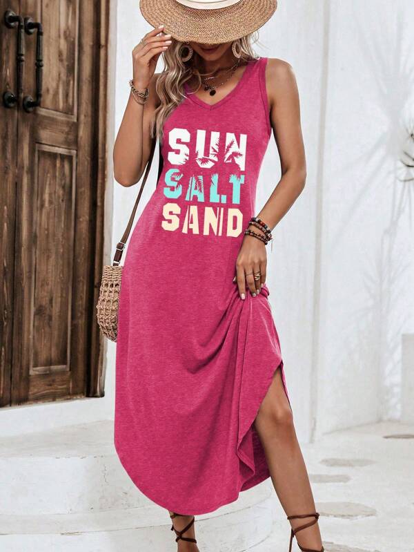 Vestido Midi Regata Com Fenda Lateral E Estampa Lettering