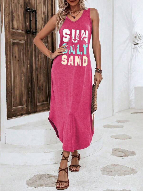 Vestido Midi Regata Com Fenda Lateral E Estampa Lettering